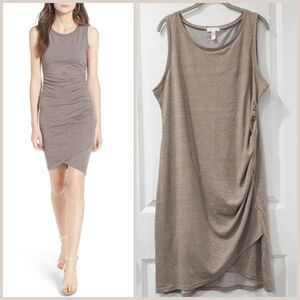 LEITH Ruched Body-Con Sleeveless Greige Dress, Tulip Hem, Heather Knit, XXL